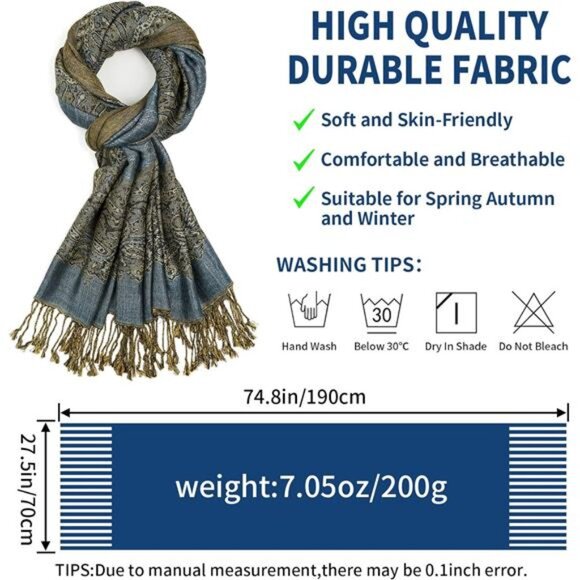Paisley Pashmina Shawls  Wraps with Fringe Peacock Blue - Picture 3 of 4